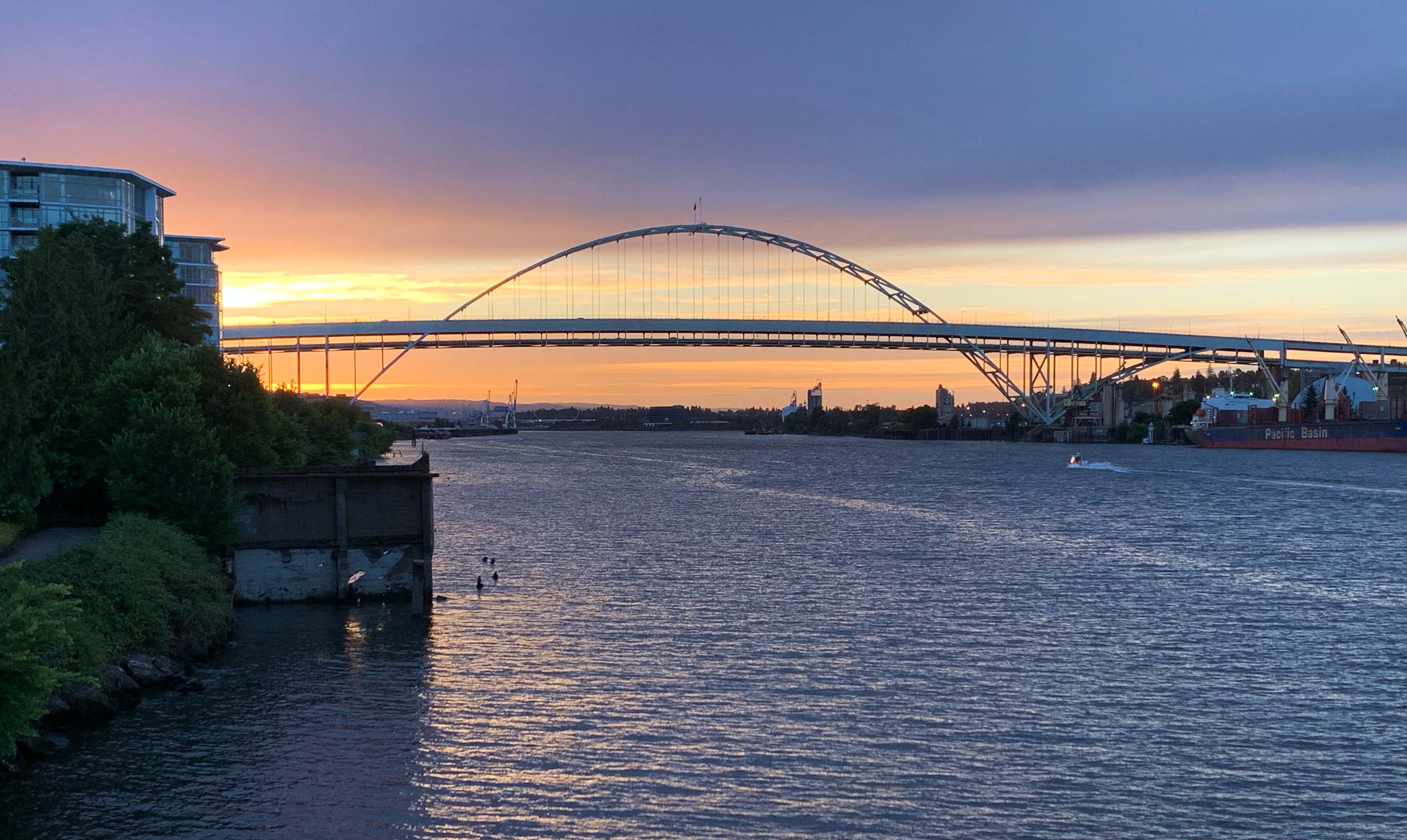 dramatic sunset photo of Portland's famed Fremont Bridge